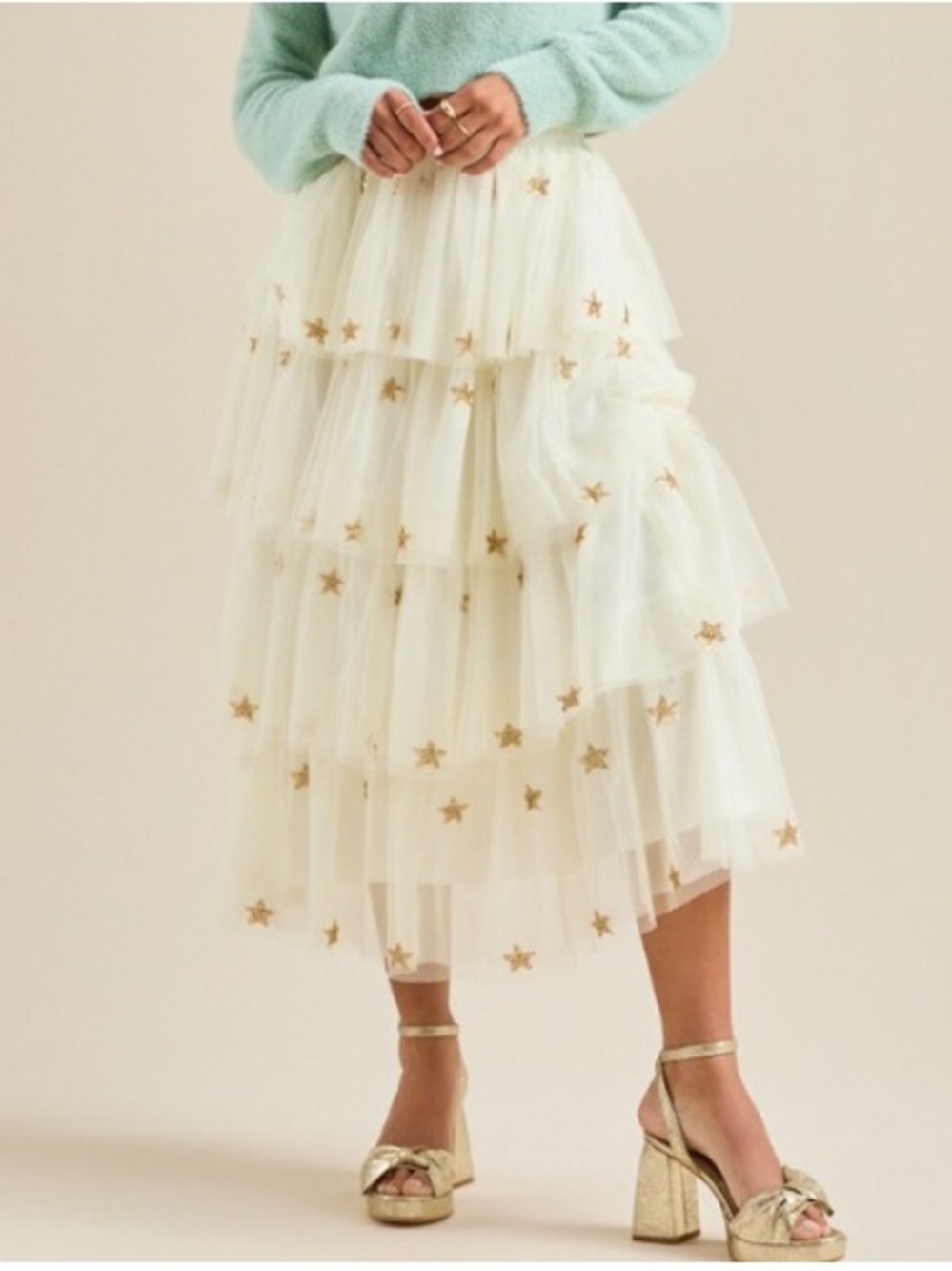 Altar'd State Fellyn Tiered Tulle Maxi Skirt Gold Sequin Stars